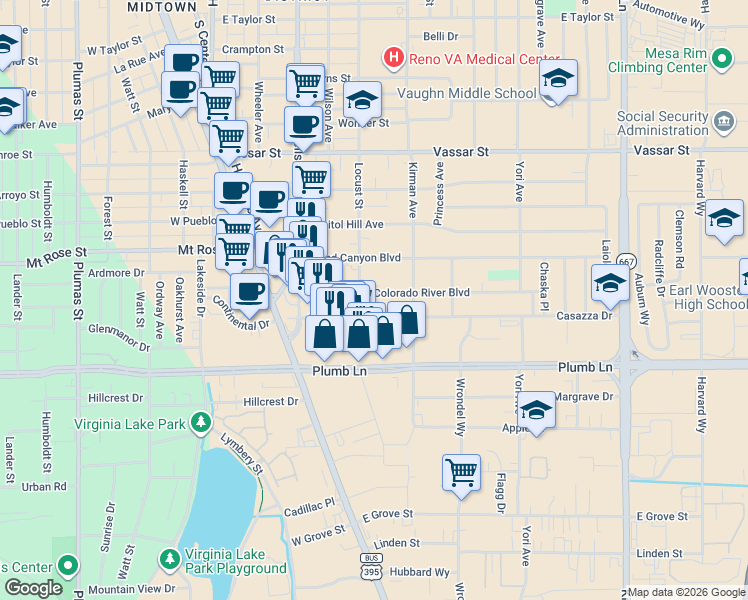 map of restaurants, bars, coffee shops, grocery stores, and more near 520 Colorado River Boulevard in Reno