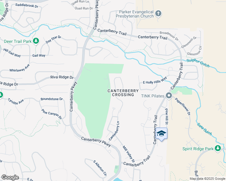 map of restaurants, bars, coffee shops, grocery stores, and more near 11498 Canterberry Lane in Parker
