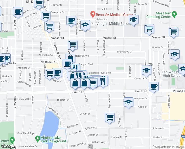 map of restaurants, bars, coffee shops, grocery stores, and more near 550 Colorado River Boulevard in Reno