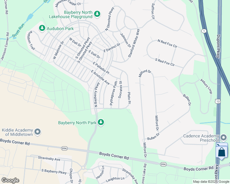 map of restaurants, bars, coffee shops, grocery stores, and more near 516 Pythagoras Path in Middletown