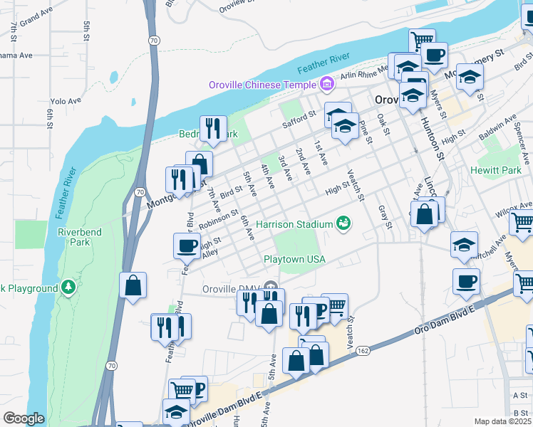 map of restaurants, bars, coffee shops, grocery stores, and more near 916 High Street in Oroville