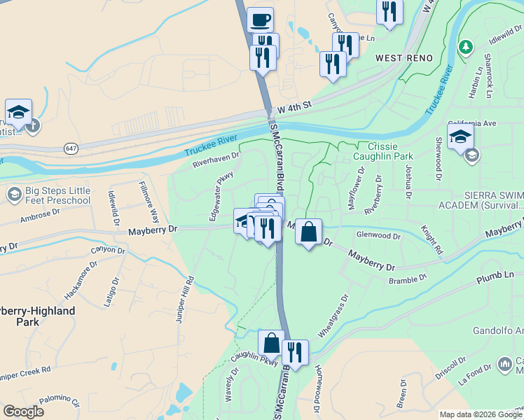 map of restaurants, bars, coffee shops, grocery stores, and more near 230 Brooktrail Drive in Reno