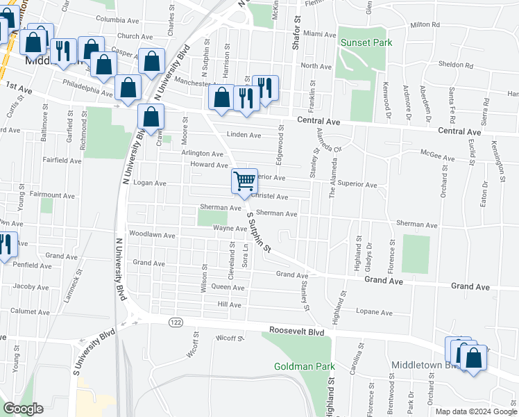 map of restaurants, bars, coffee shops, grocery stores, and more near 2207 Sherman Avenue in Middletown