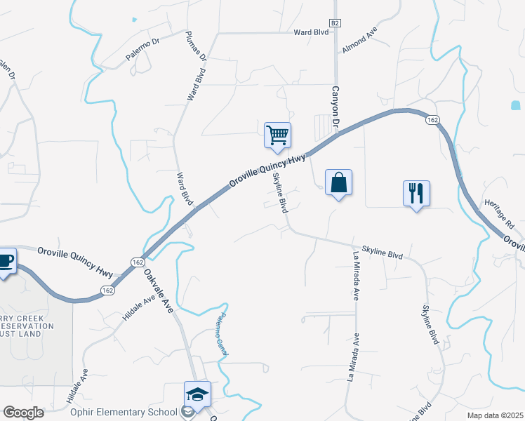 map of restaurants, bars, coffee shops, grocery stores, and more near 38 Skyline Boulevard in Oroville