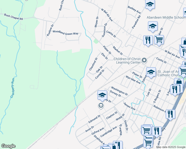 map of restaurants, bars, coffee shops, grocery stores, and more near Oak Court in Aberdeen