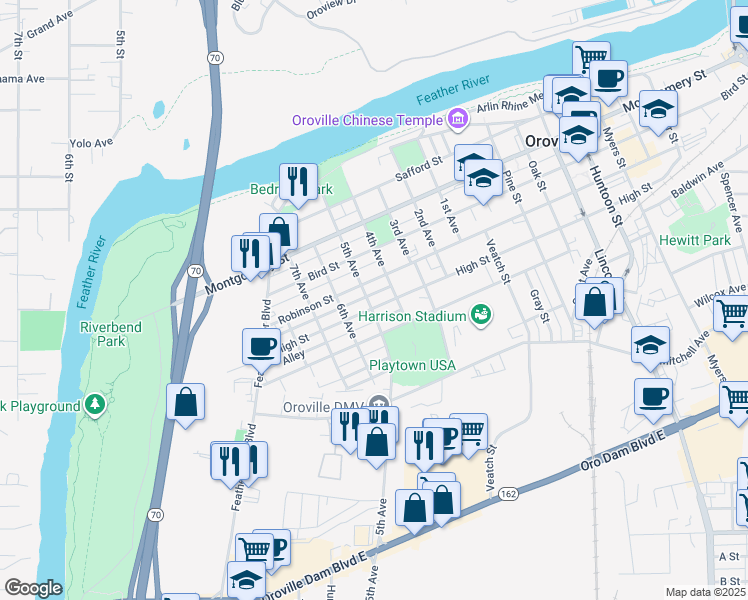 map of restaurants, bars, coffee shops, grocery stores, and more near 916 High Street in Oroville