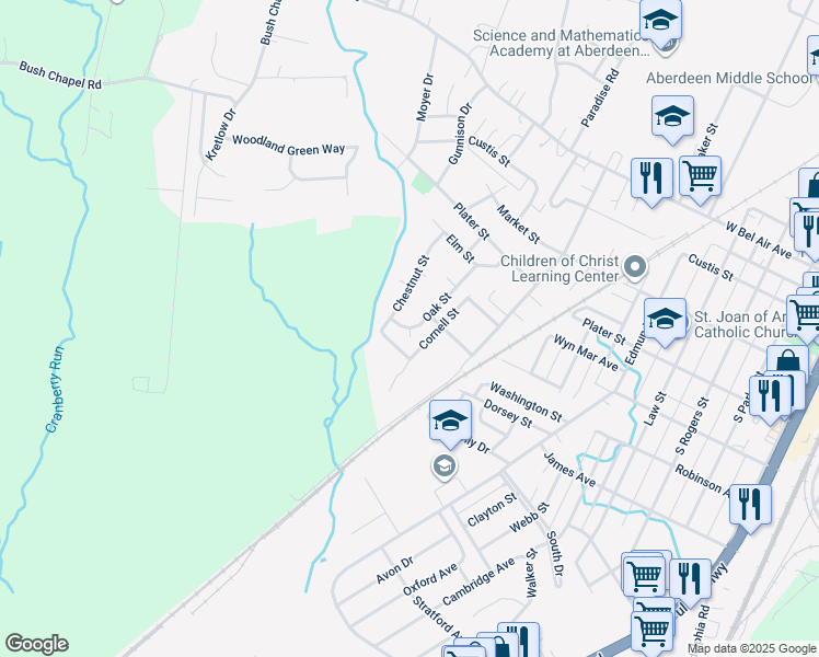 map of restaurants, bars, coffee shops, grocery stores, and more near Oak Court in Aberdeen