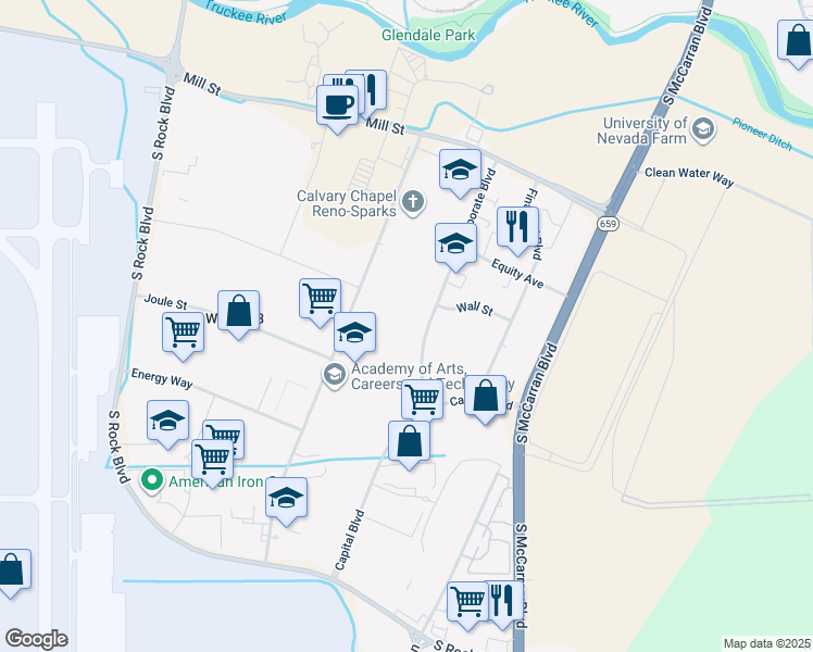 map of restaurants, bars, coffee shops, grocery stores, and more near 1325 Corporate Boulevard in Reno