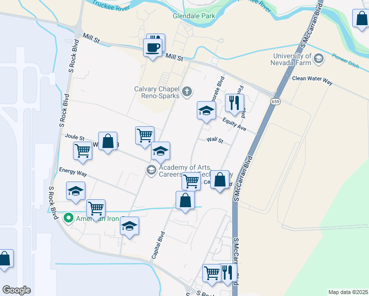 map of restaurants, bars, coffee shops, grocery stores, and more near 1325 Corporate Boulevard in Reno