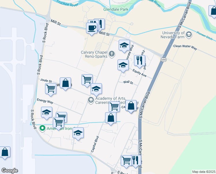 map of restaurants, bars, coffee shops, grocery stores, and more near 1325 Corporate Boulevard in Reno