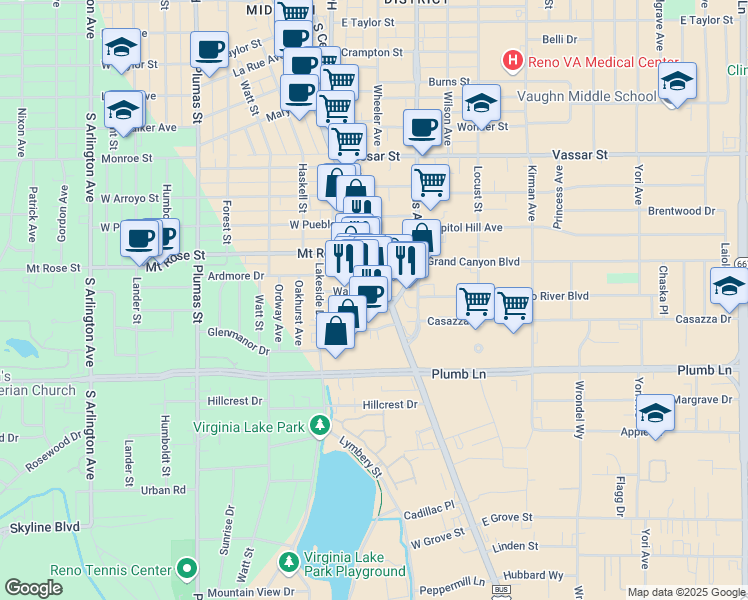 map of restaurants, bars, coffee shops, grocery stores, and more near 1599 South Virginia Street in Reno