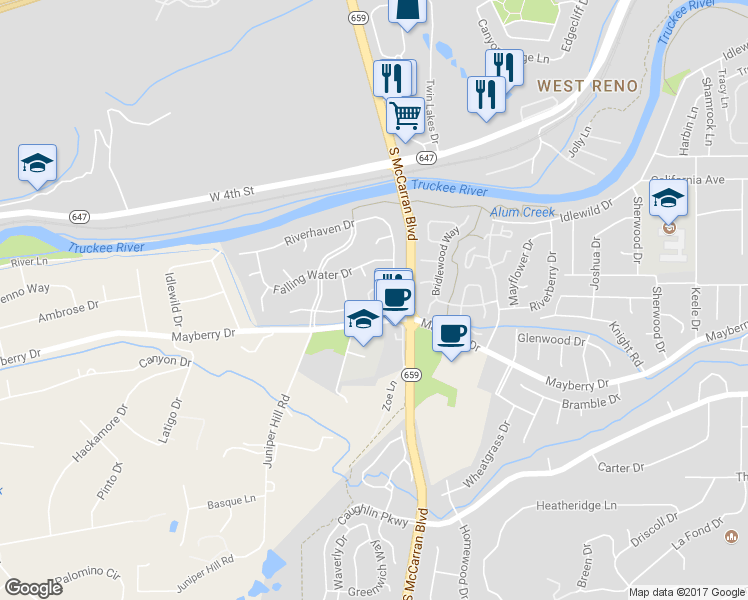 map of restaurants, bars, coffee shops, grocery stores, and more near 240 Bluewater Court in Reno