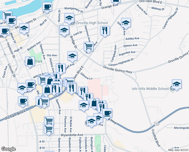 map of restaurants, bars, coffee shops, grocery stores, and more near 1 Gilmore Lane in Oroville
