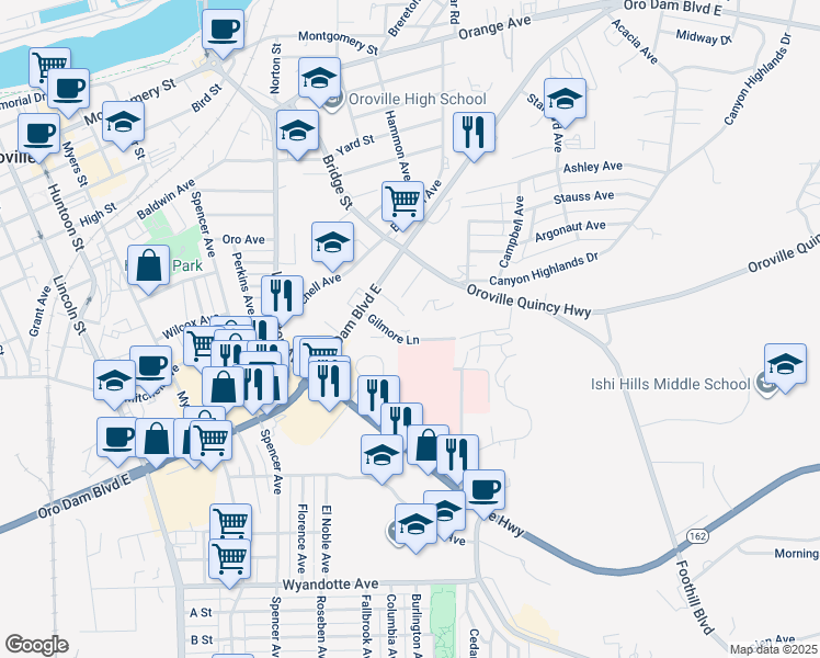 map of restaurants, bars, coffee shops, grocery stores, and more near 19 Madrone Avenue in Oroville