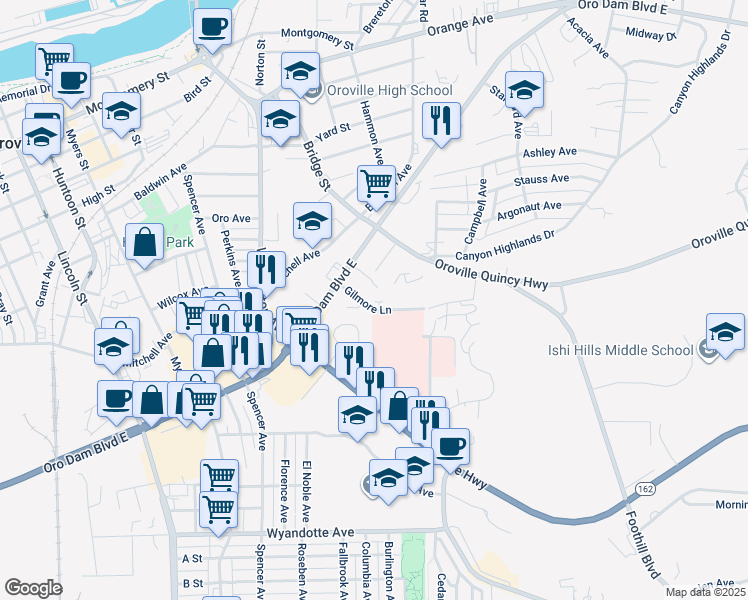 map of restaurants, bars, coffee shops, grocery stores, and more near 19 Madrone Avenue in Oroville