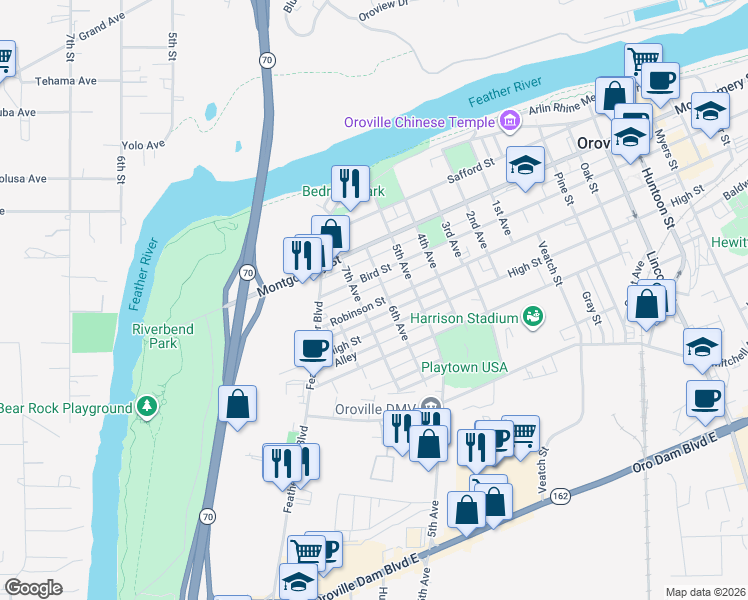 map of restaurants, bars, coffee shops, grocery stores, and more near 1454 6th Avenue in Oroville