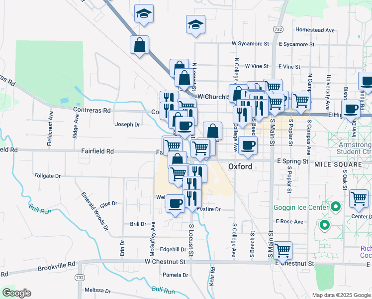 map of restaurants, bars, coffee shops, grocery stores, and more near 120 South Locust Street in Oxford