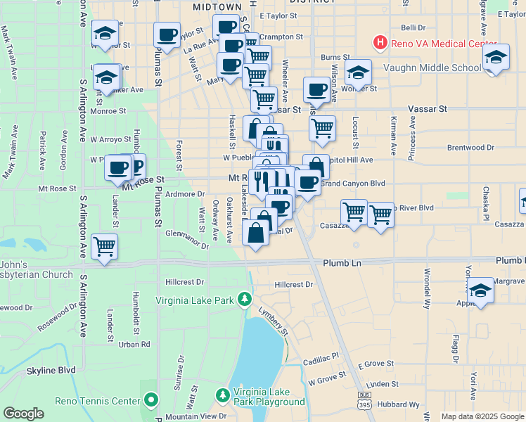 map of restaurants, bars, coffee shops, grocery stores, and more near 1620 Lakeside Drive in Reno