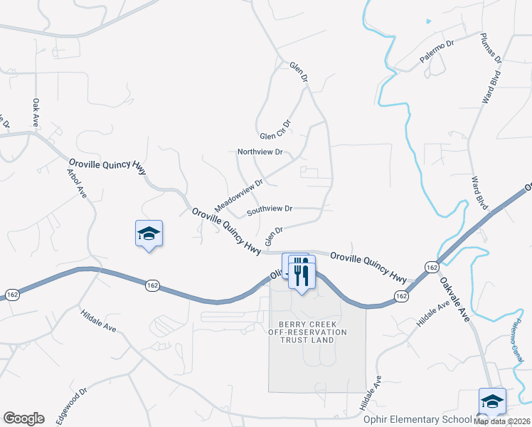 map of restaurants, bars, coffee shops, grocery stores, and more near 14 Southview Drive in Oroville