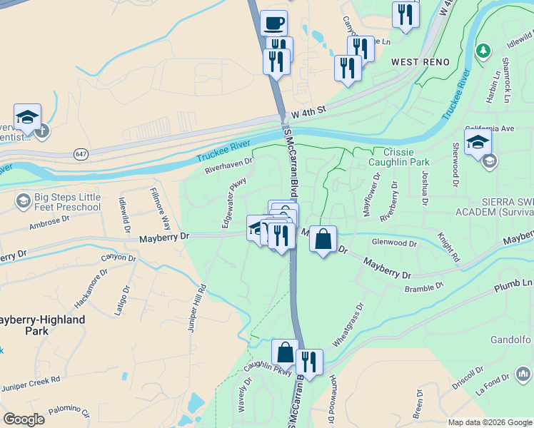 map of restaurants, bars, coffee shops, grocery stores, and more near 240 Bluewater Court in Reno
