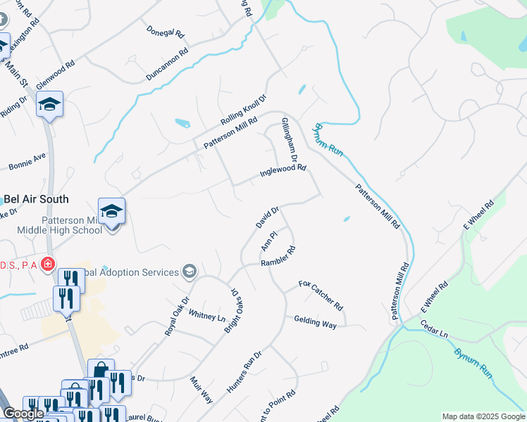 map of restaurants, bars, coffee shops, grocery stores, and more near 526 David Drive in Bel Air