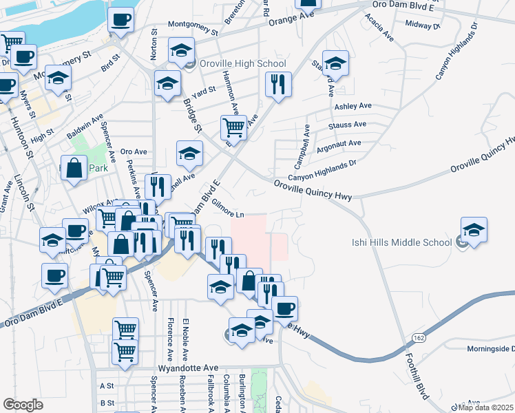map of restaurants, bars, coffee shops, grocery stores, and more near 1 Gilmore Lane in Oroville