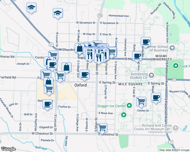 map of restaurants, bars, coffee shops, grocery stores, and more near 120 South Main Street in Oxford