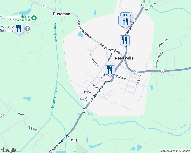 map of restaurants, bars, coffee shops, grocery stores, and more near 268 West Street in Reedsville