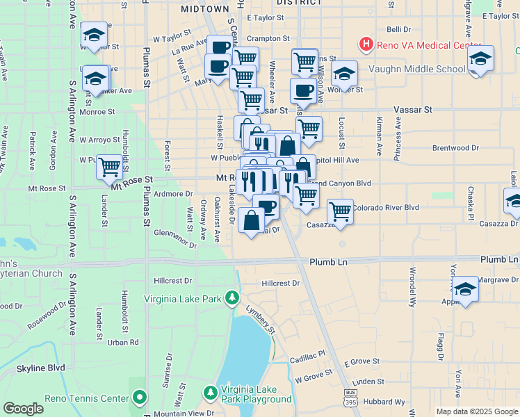 map of restaurants, bars, coffee shops, grocery stores, and more near 1599 South Virginia Street in Reno