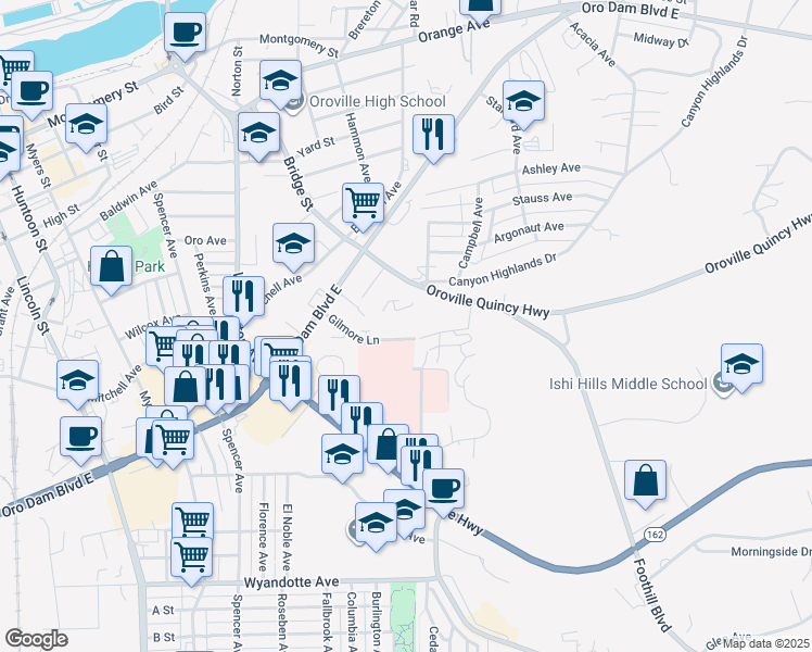 map of restaurants, bars, coffee shops, grocery stores, and more near 1 Gilmore Lane in Oroville