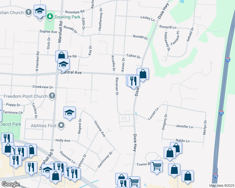 map of restaurants, bars, coffee shops, grocery stores, and more near 103 Bavarian Drive in Middletown