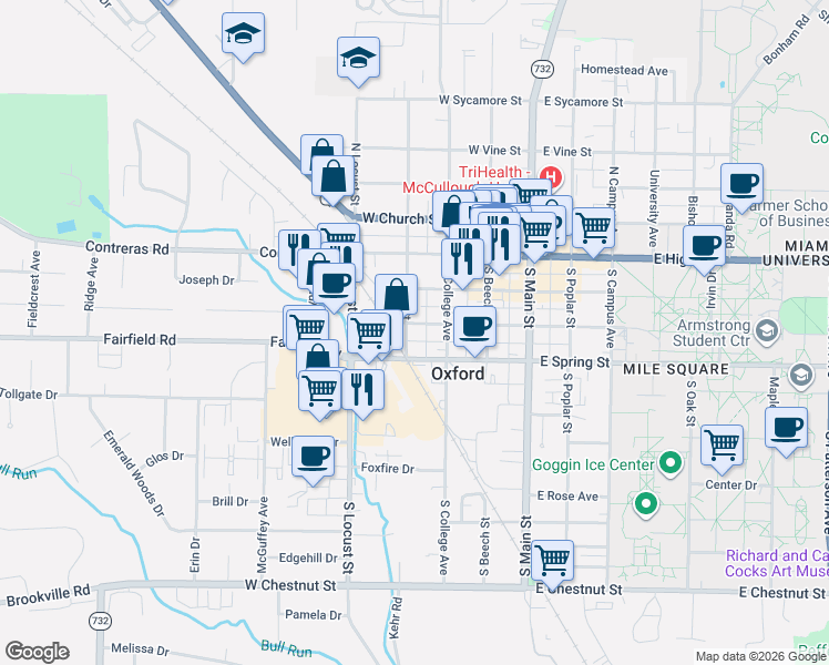 map of restaurants, bars, coffee shops, grocery stores, and more near 230 West Collins Street in Oxford