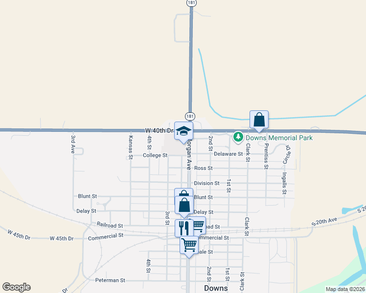 map of restaurants, bars, coffee shops, grocery stores, and more near 345 West 40th Drive in Downs