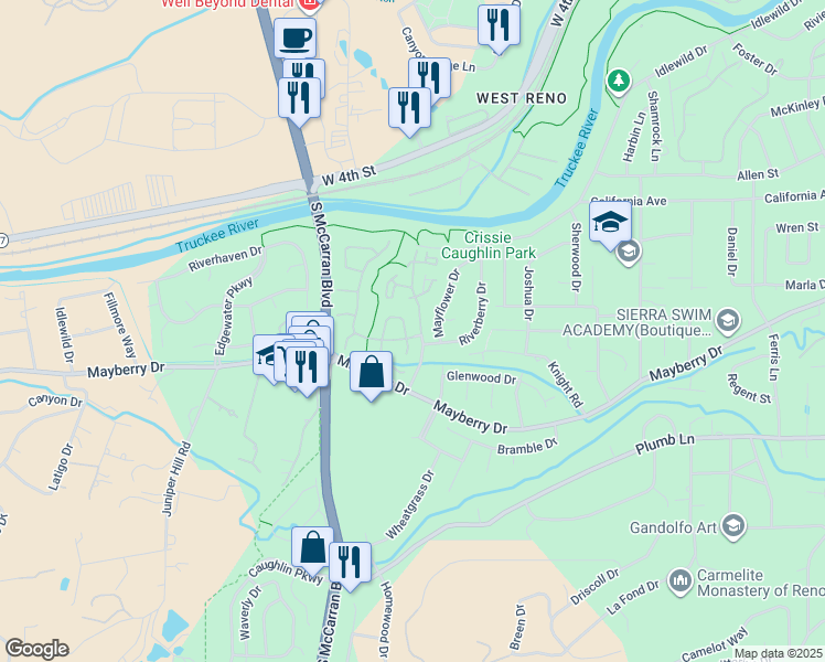 map of restaurants, bars, coffee shops, grocery stores, and more near 1250 Creekhaven Circle in Reno