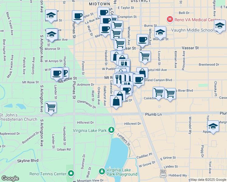 map of restaurants, bars, coffee shops, grocery stores, and more near 1620 Lakeside Drive in Reno