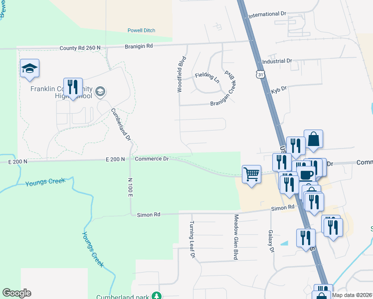 map of restaurants, bars, coffee shops, grocery stores, and more near 2415 Woodfield Boulevard in Franklin