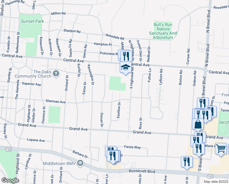 map of restaurants, bars, coffee shops, grocery stores, and more near 301 Jackson Lane in Middletown