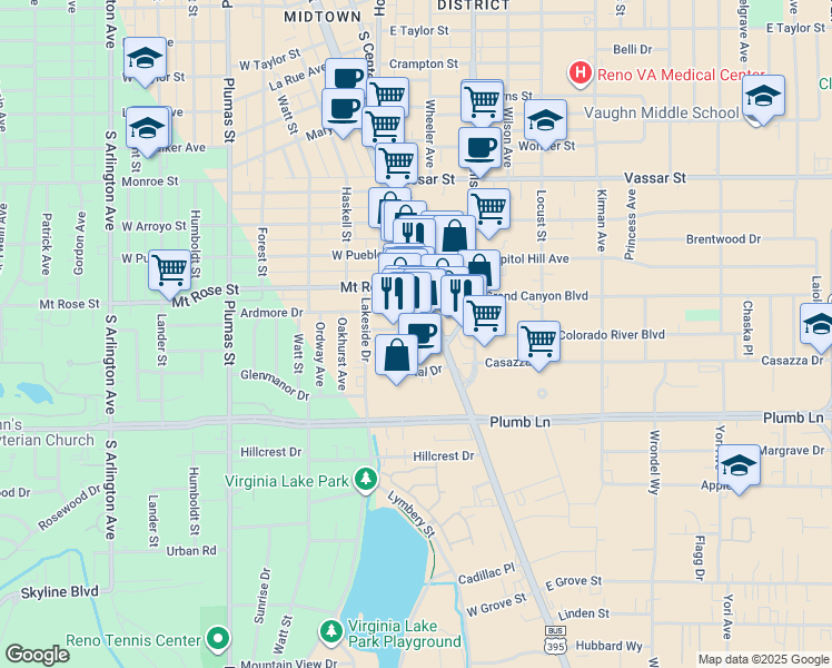 map of restaurants, bars, coffee shops, grocery stores, and more near 70 Walts Lane in Reno