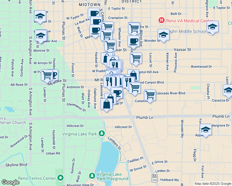 map of restaurants, bars, coffee shops, grocery stores, and more near 1599 South Virginia Street in Reno