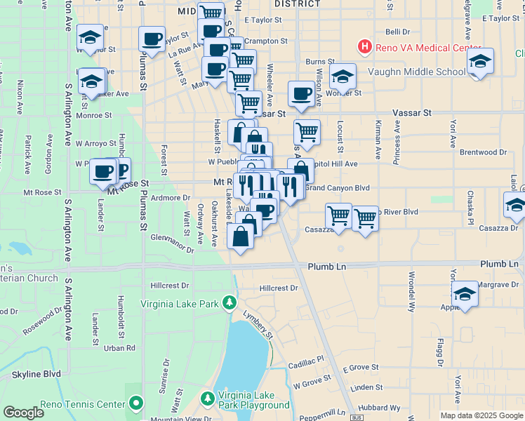 map of restaurants, bars, coffee shops, grocery stores, and more near 1599 South Virginia Street in Reno