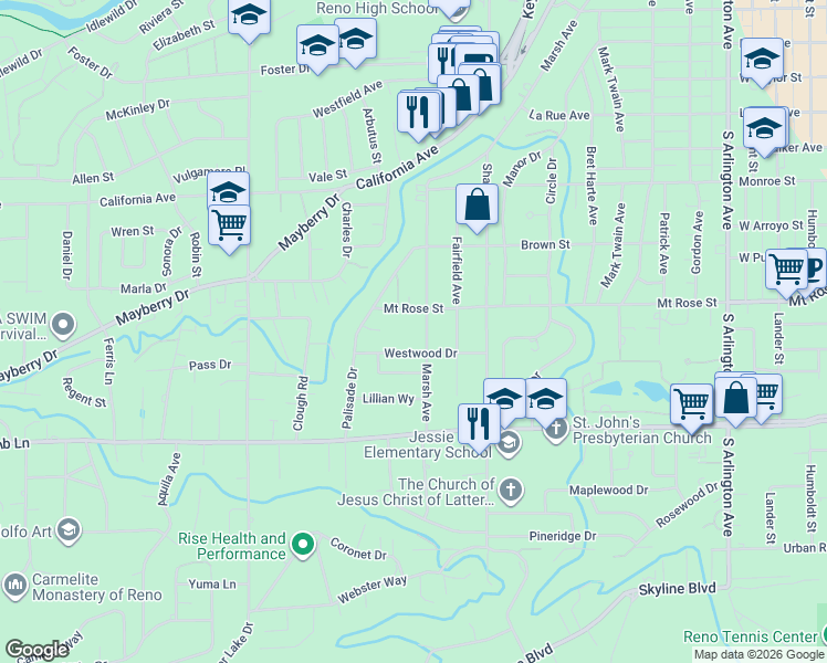 map of restaurants, bars, coffee shops, grocery stores, and more near 1501 Marsh Avenue in Reno