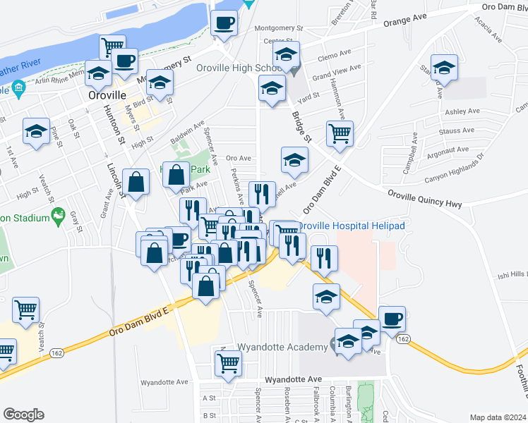 map of restaurants, bars, coffee shops, grocery stores, and more near 2721 Mitchell Avenue in Oroville