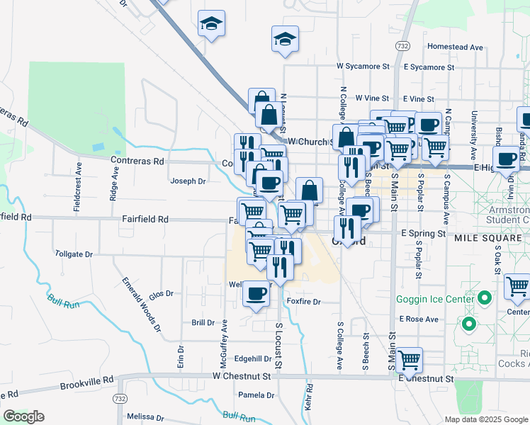 map of restaurants, bars, coffee shops, grocery stores, and more near 120 South Locust Street in Oxford