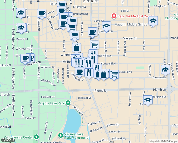 map of restaurants, bars, coffee shops, grocery stores, and more near 1718 Holcomb Avenue in Reno