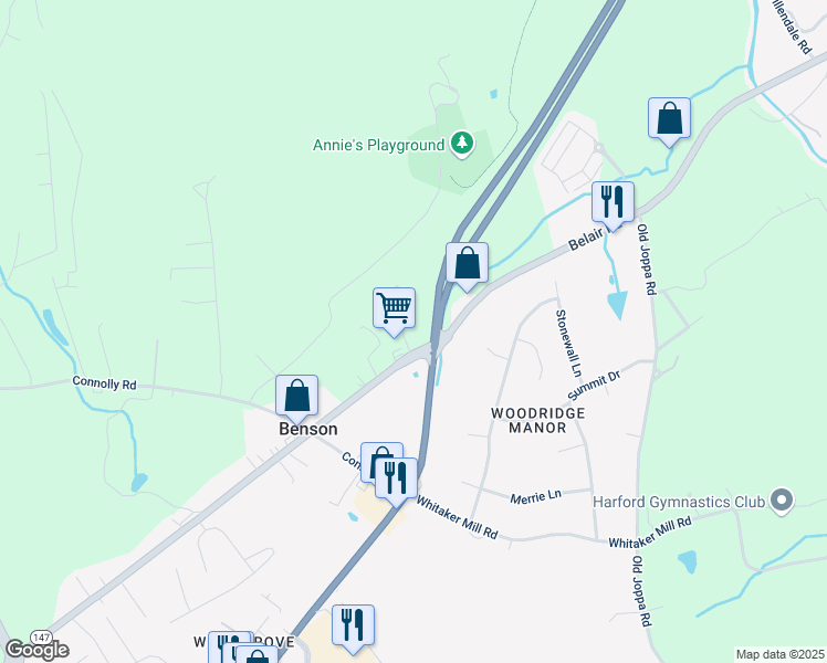 map of restaurants, bars, coffee shops, grocery stores, and more near 1 Bensons Drive in Fallston