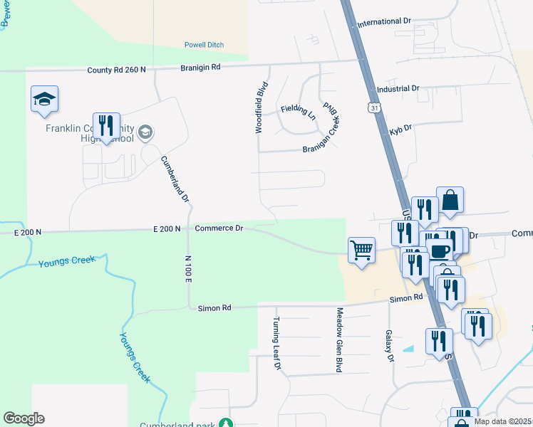 map of restaurants, bars, coffee shops, grocery stores, and more near 2426 Woodfield Boulevard in Franklin
