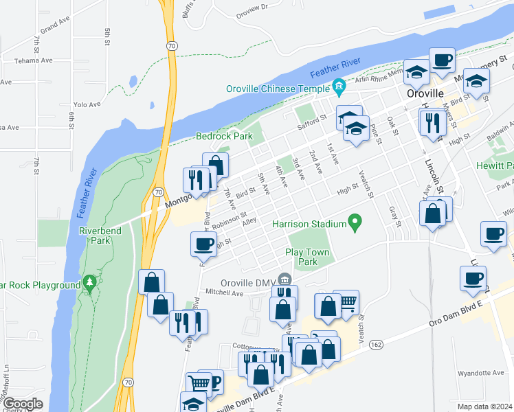 map of restaurants, bars, coffee shops, grocery stores, and more near 1483 6th Avenue in Oroville