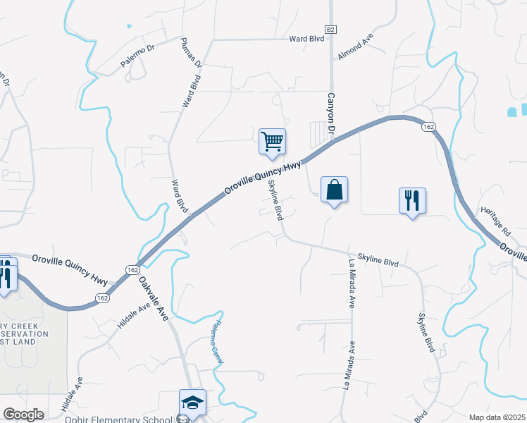 map of restaurants, bars, coffee shops, grocery stores, and more near 38 Skyline Boulevard in Oroville