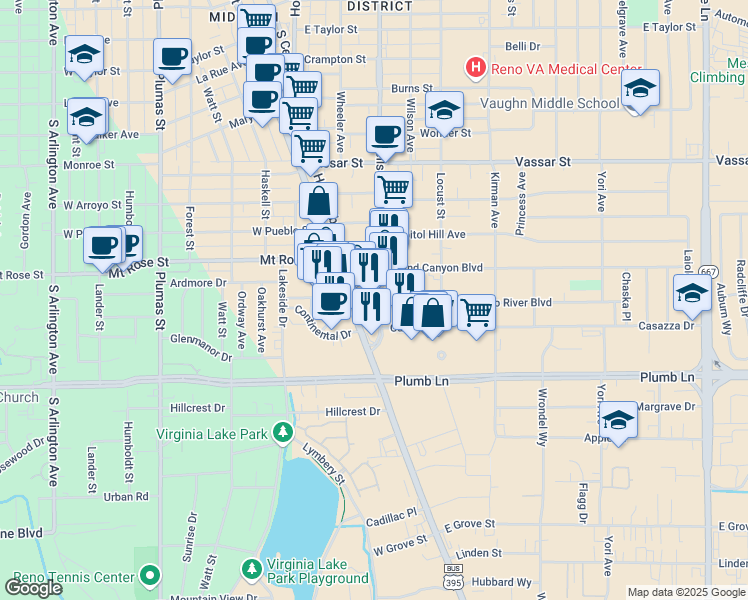 map of restaurants, bars, coffee shops, grocery stores, and more near 1718 Holcomb Avenue in Reno