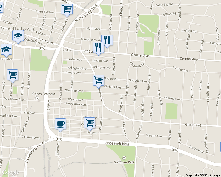 map of restaurants, bars, coffee shops, grocery stores, and more near 2308 Christel Avenue in Middletown